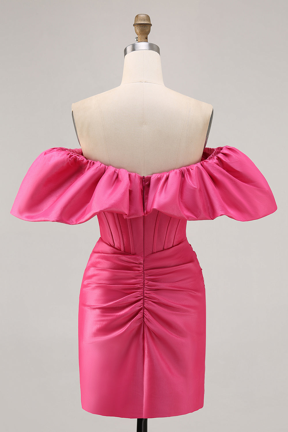 Satin Off The Shoulder Fuchsia Ruffled Tight Homecoming Dress