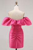 Satin Off The Shoulder Fuchsia Ruffled Tight Homecoming Dress