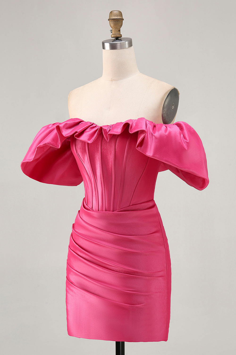 Satin Off The Shoulder Fuchsia Ruffled Tight Homecoming Dress