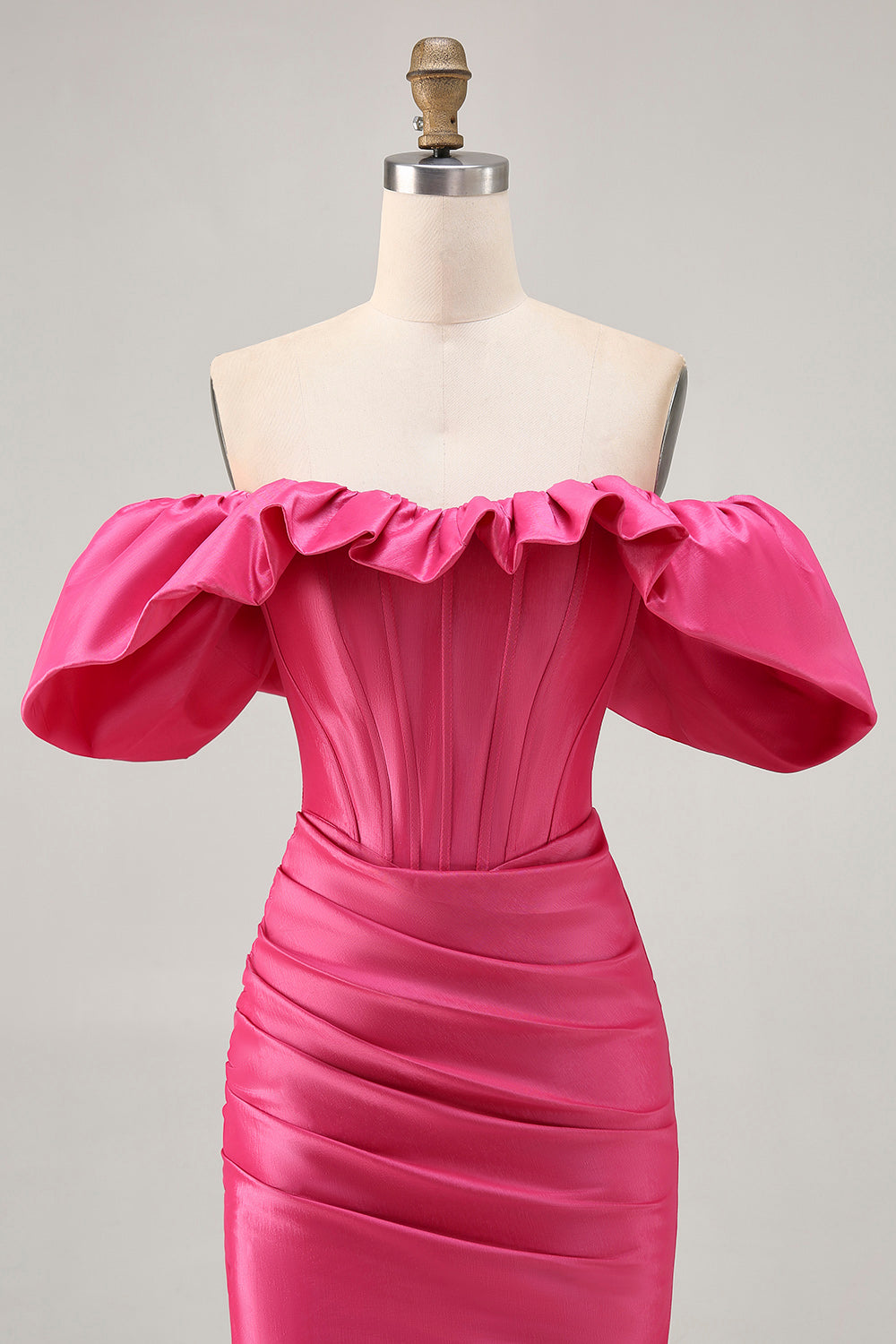 Satin Off The Shoulder Fuchsia Ruffled Tight Homecoming Dress