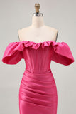 Satin Off The Shoulder Fuchsia Ruffled Tight Homecoming Dress