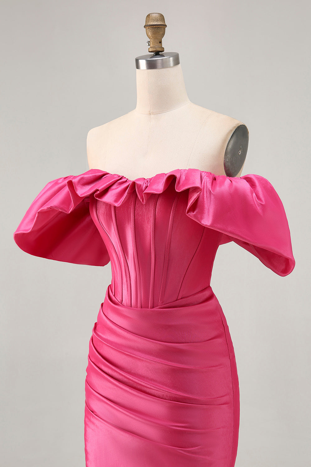 Satin Off The Shoulder Fuchsia Ruffled Tight Homecoming Dress