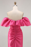 Satin Off The Shoulder Fuchsia Ruffled Tight Homecoming Dress