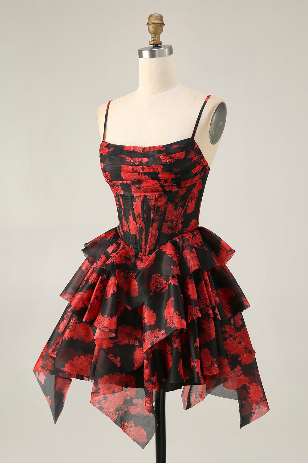 Black Red A Line Cowl Neck Corset Tiered Short Homecoming Dress