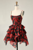 Black Red A Line Cowl Neck Corset Tiered Short Homecoming Dress