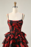 Black Red A Line Cowl Neck Corset Tiered Short Homecoming Dress