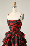 Black Red A Line Cowl Neck Corset Tiered Short Homecoming Dress