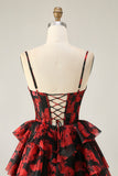 Black Red A Line Cowl Neck Corset Tiered Short Homecoming Dress