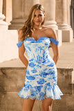 White Blue Flower Off the Shoulder Corset Satin Homecoming Dress with Ruffles