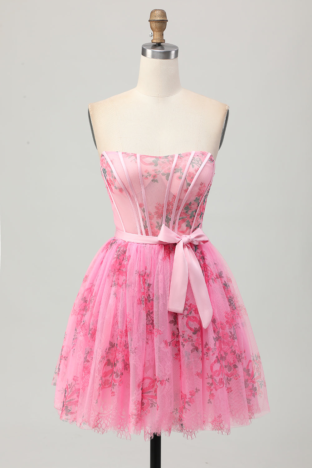 Pink Flower A-Line Corset Strapless Short Homecoming Dress