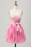Pink Flower A-Line Corset Strapless Short Homecoming Dress