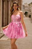 Pink Flower A-Line Corset Strapless Short Homecoming Dress
