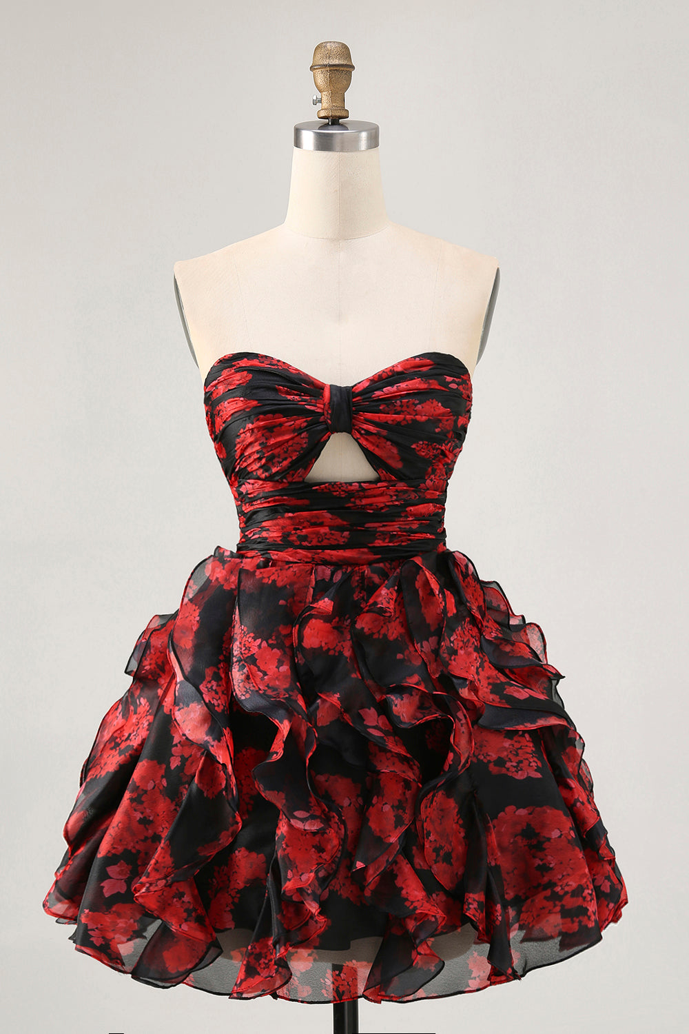 Black Red Strapless Ruffled Printed Cut Out Homecoming Dress