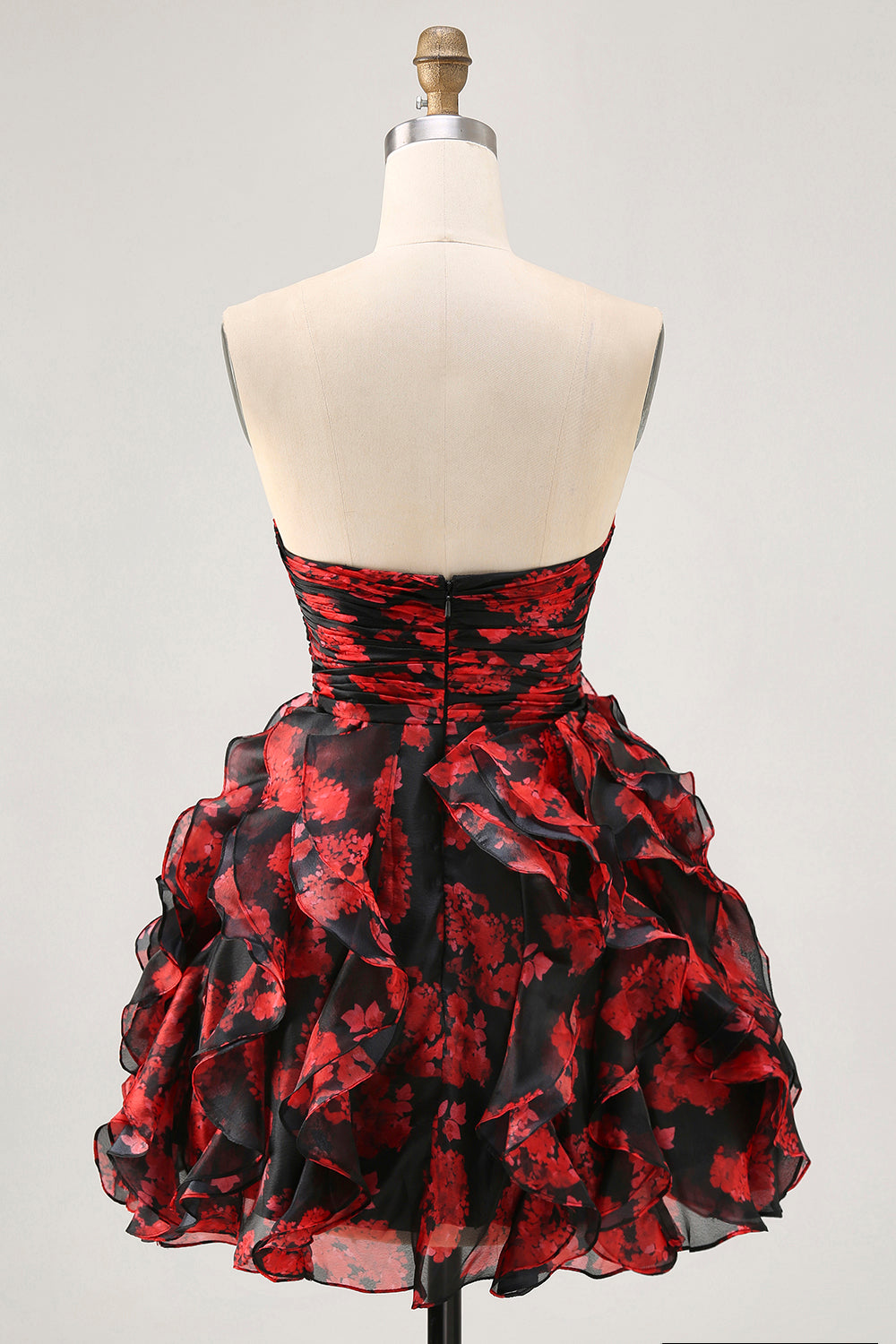 Black Red Strapless Ruffled Printed Cut Out Homecoming Dress