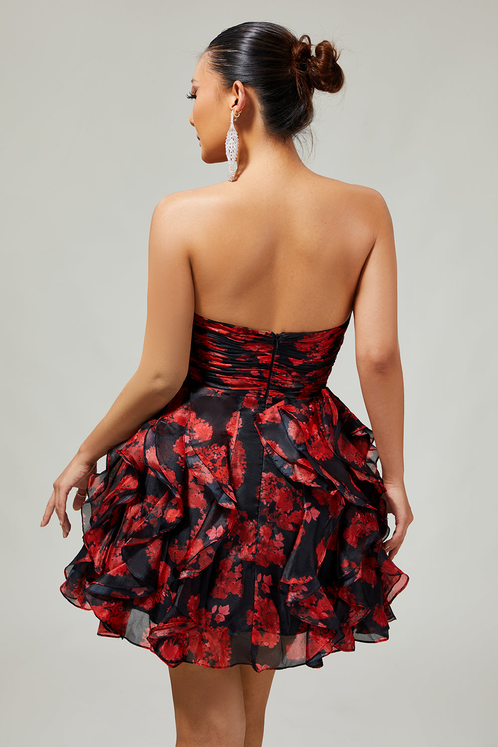 Black Red Strapless Ruffled Printed Cut Out Homecoming Dress