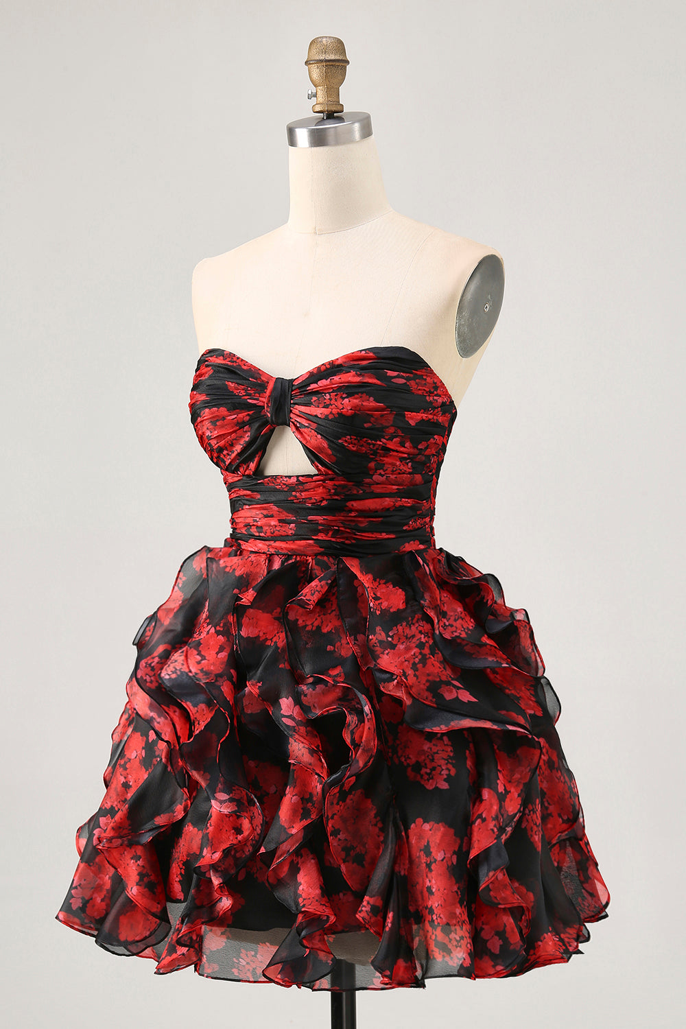 Black Red Strapless Ruffled Printed Cut Out Homecoming Dress