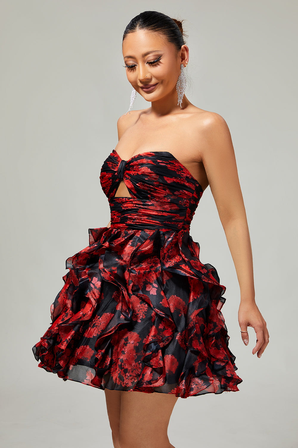 Black Red Strapless Ruffled Printed Cut Out Homecoming Dress