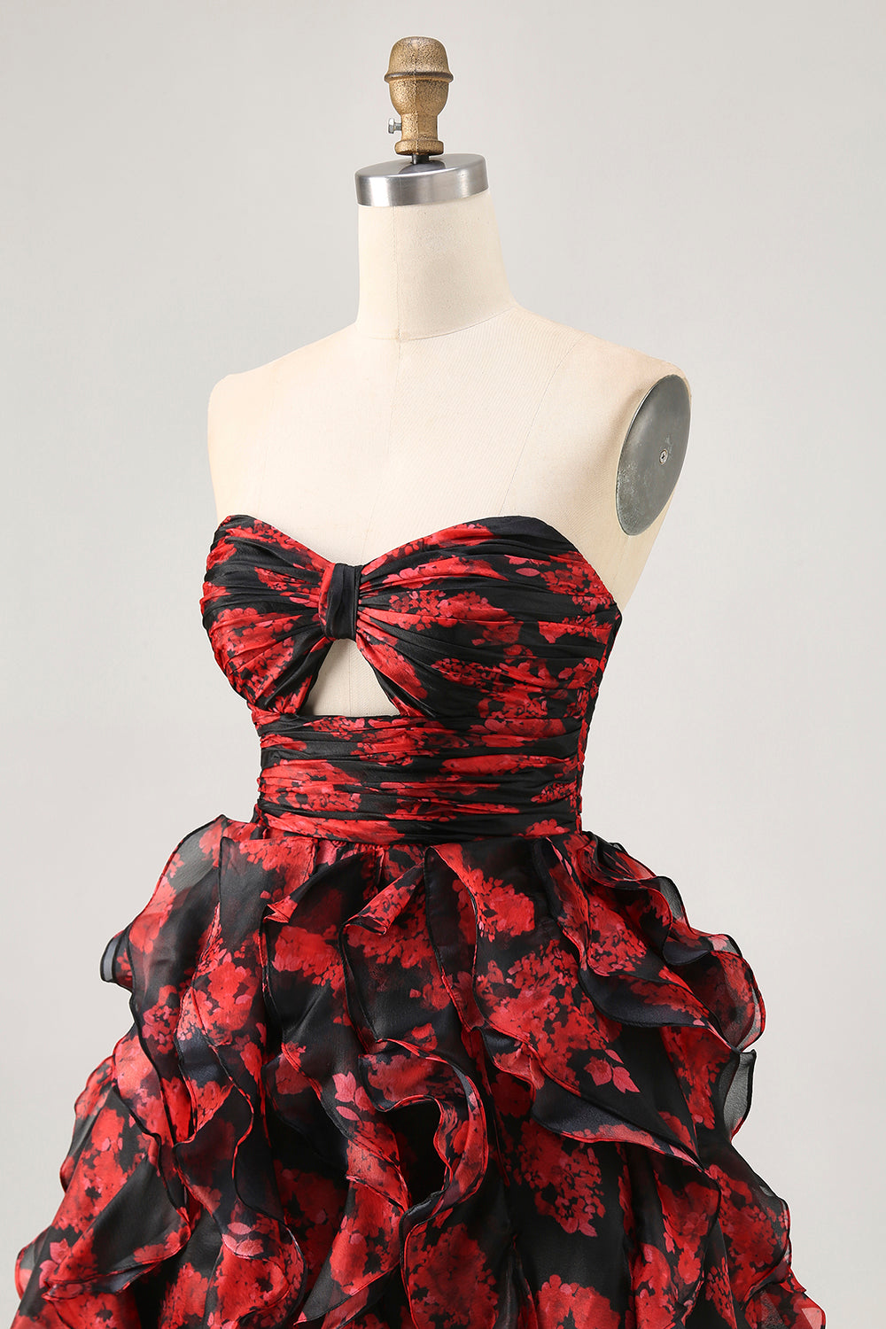 Black Red Strapless Ruffled Printed Cut Out Homecoming Dress