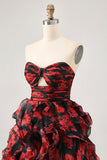 Black Red Strapless Ruffled Printed Cut Out Homecoming Dress