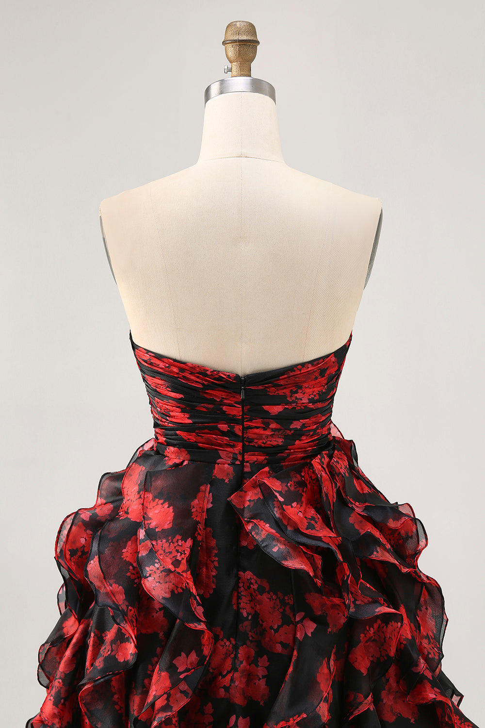 Black Red Strapless Ruffled Printed Cut Out Homecoming Dress