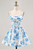 White Blue Flower Printed A Line Corset Homecoming Dress