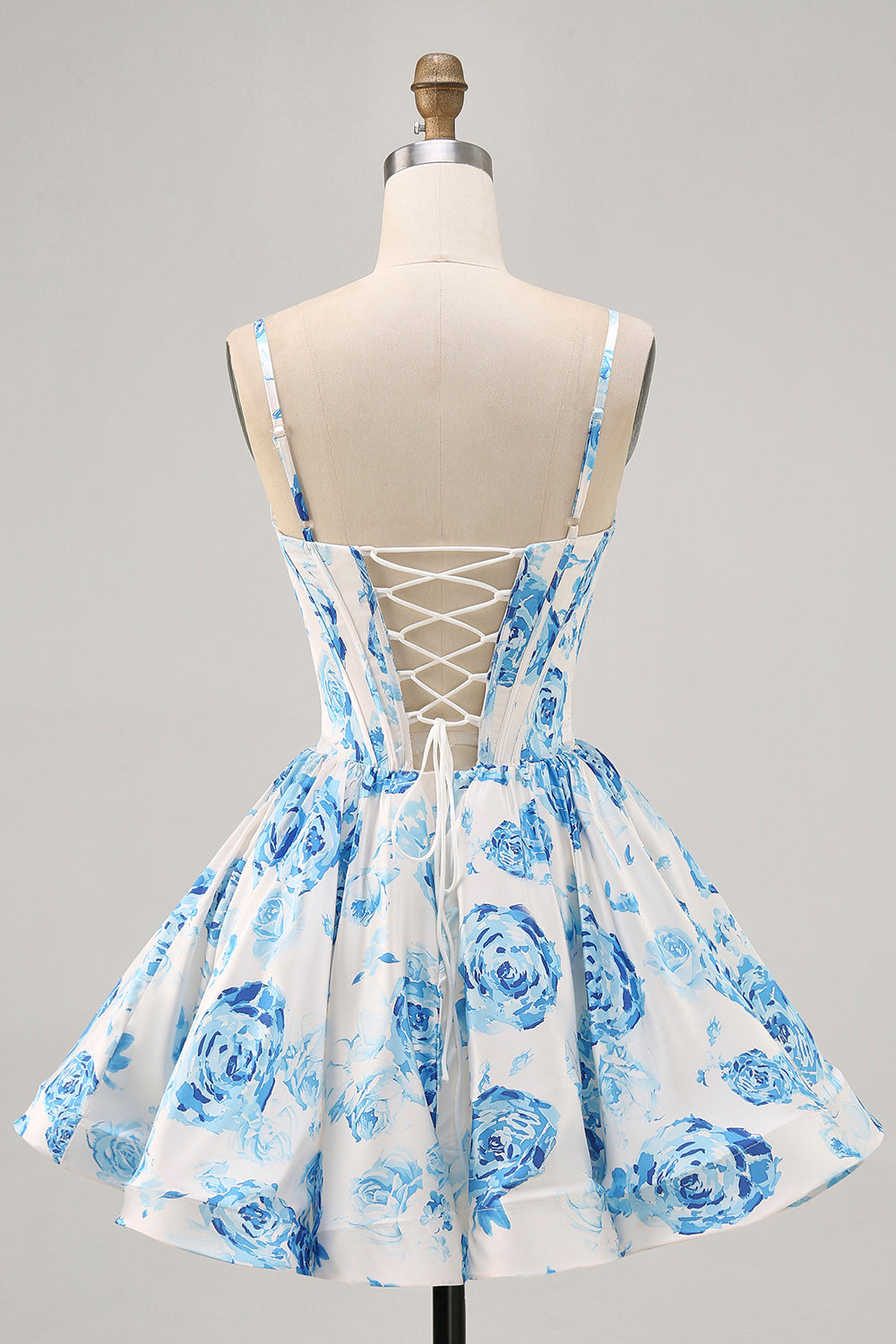 White Blue Flower Printed A Line Corset Homecoming Dress