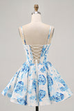 White Blue Flower Printed A Line Corset Homecoming Dress
