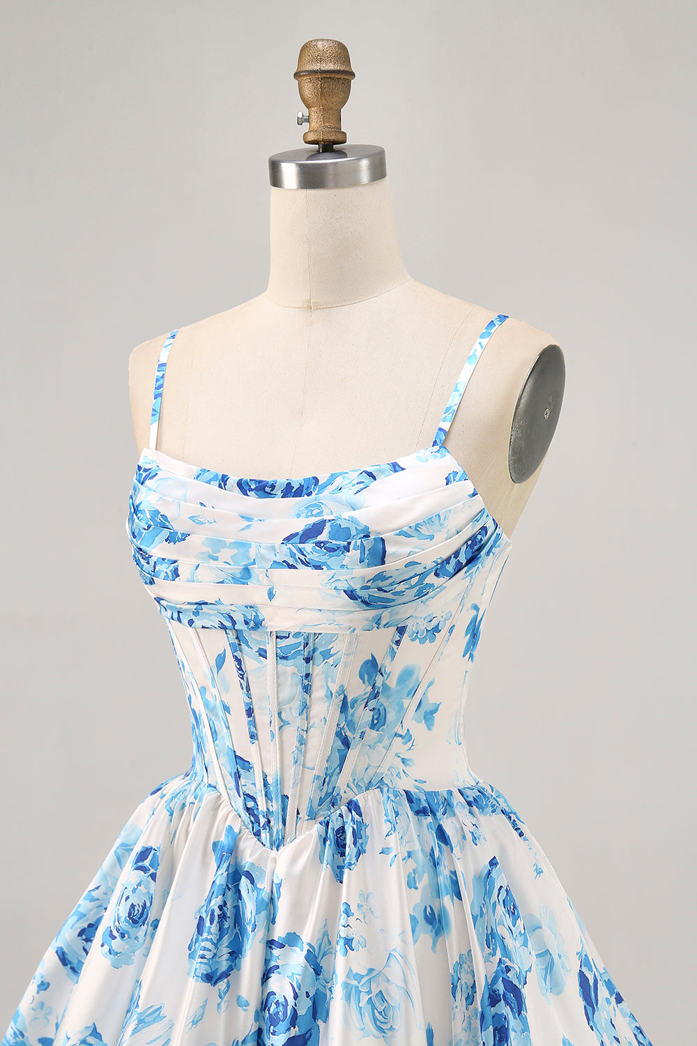 White Blue Flower Printed A Line Corset Homecoming Dress