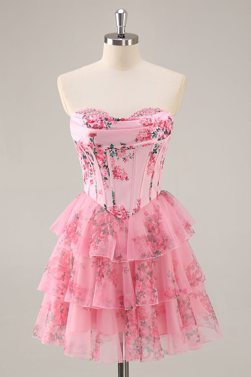 Pink Floral Strapless A-Line Corset Tiered Short Homecoming Dress