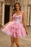Pink Floral Strapless A-Line Corset Tiered Short Homecoming Dress