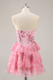 A-Line Strapless Corset Tiered Pink Flower Short Homecoming Dress