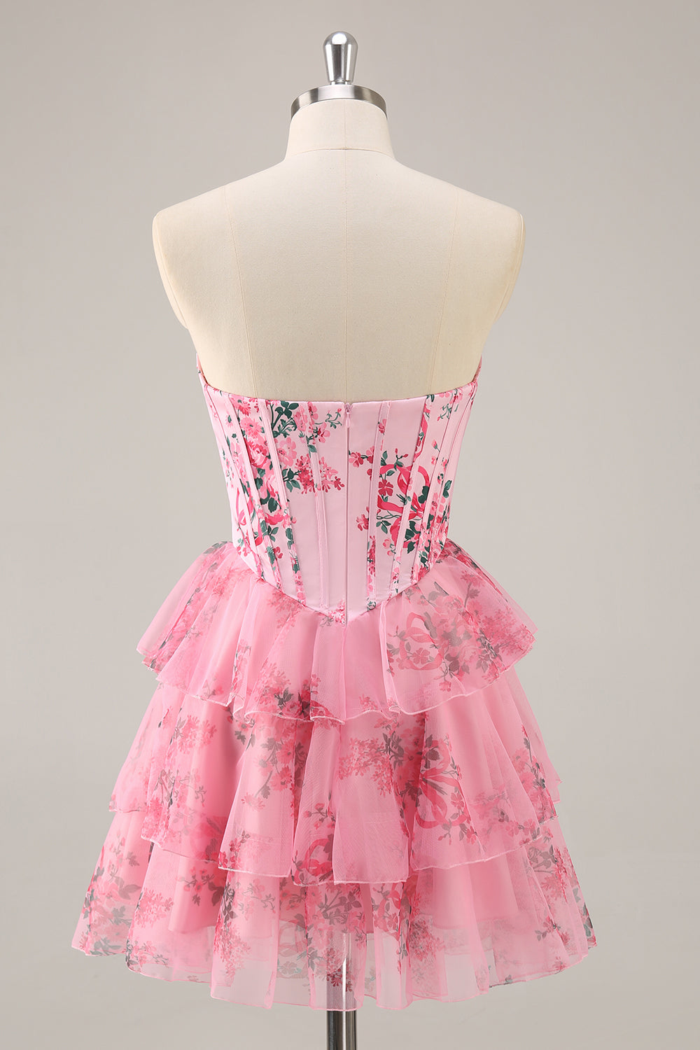 Pink Floral Strapless A-Line Corset Tiered Short Homecoming Dress