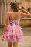 A-Line Strapless Corset Tiered Pink Flower Short Homecoming Dress