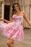 Pink Floral Strapless A-Line Corset Tiered Short Homecoming Dress