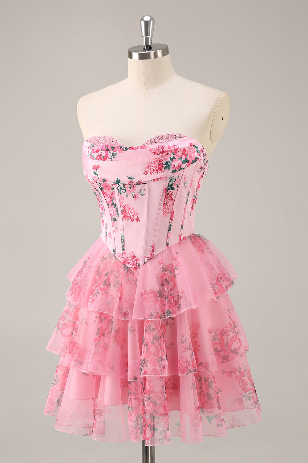 A-Line Strapless Corset Tiered Pink Flower Short Homecoming Dress