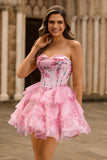Pink Floral Strapless A-Line Corset Tiered Short Homecoming Dress
