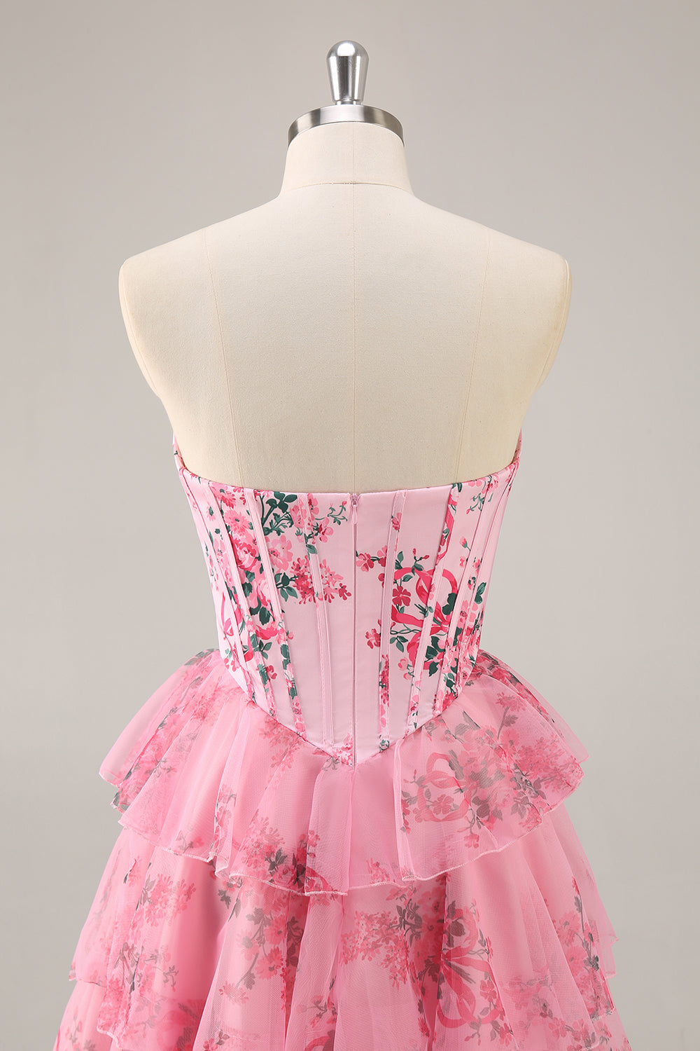 A-Line Strapless Corset Tiered Pink Flower Short Homecoming Dress