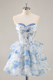 White Blue Flower A-Line Strapless Corset Tiered Short Homecoming Dress