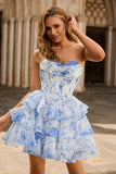 White Blue Flower A-Line Strapless Corset Tiered Short Homecoming Dress
