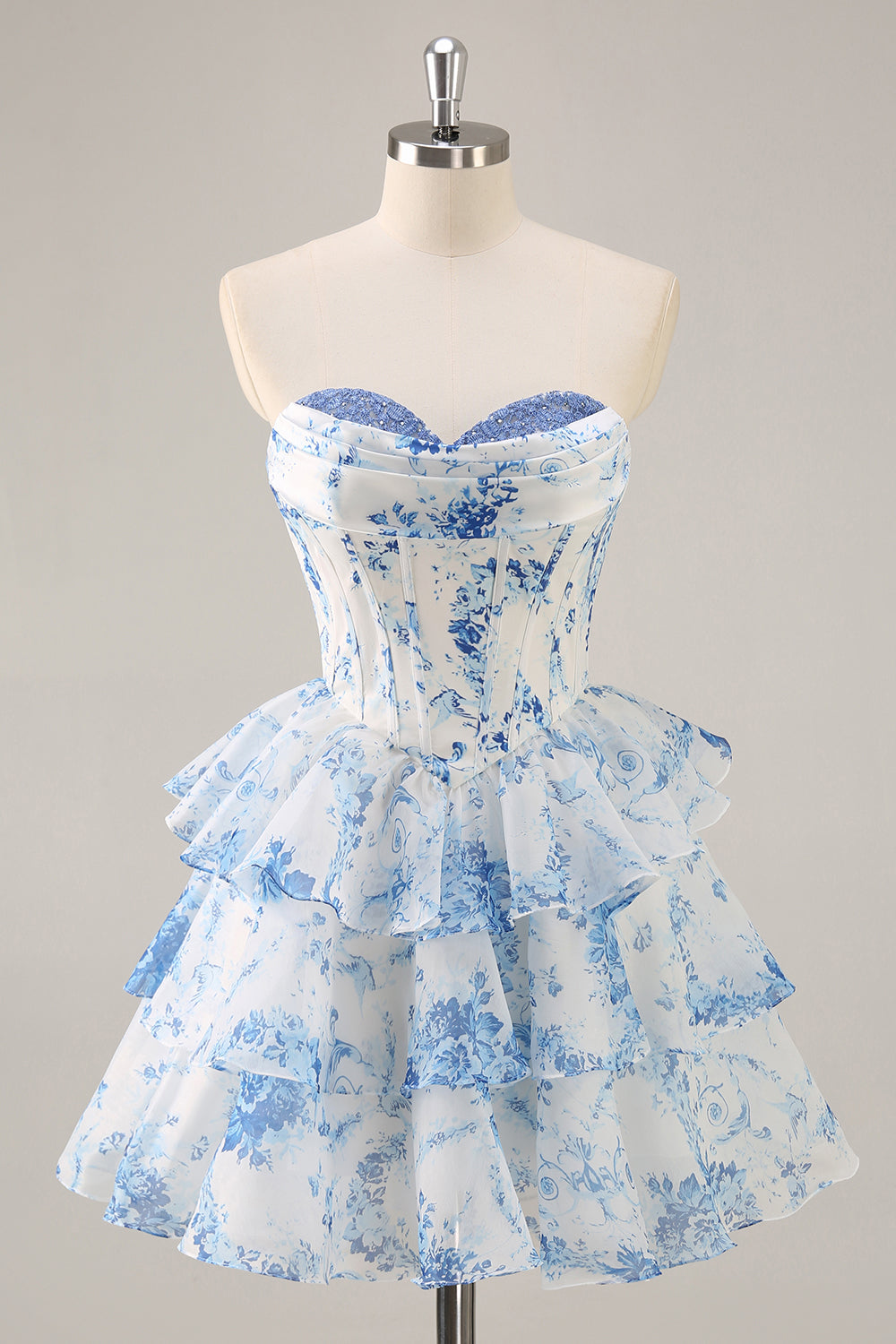 Blue Floral Print Corset Homecoming Dress