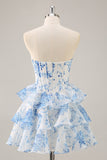 A-Line Cowl Neck Tiered Strapless Floral Print Corset Homecoming Dress