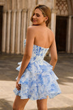 White Blue Flower A-Line Strapless Corset Tiered Short Homecoming Dress