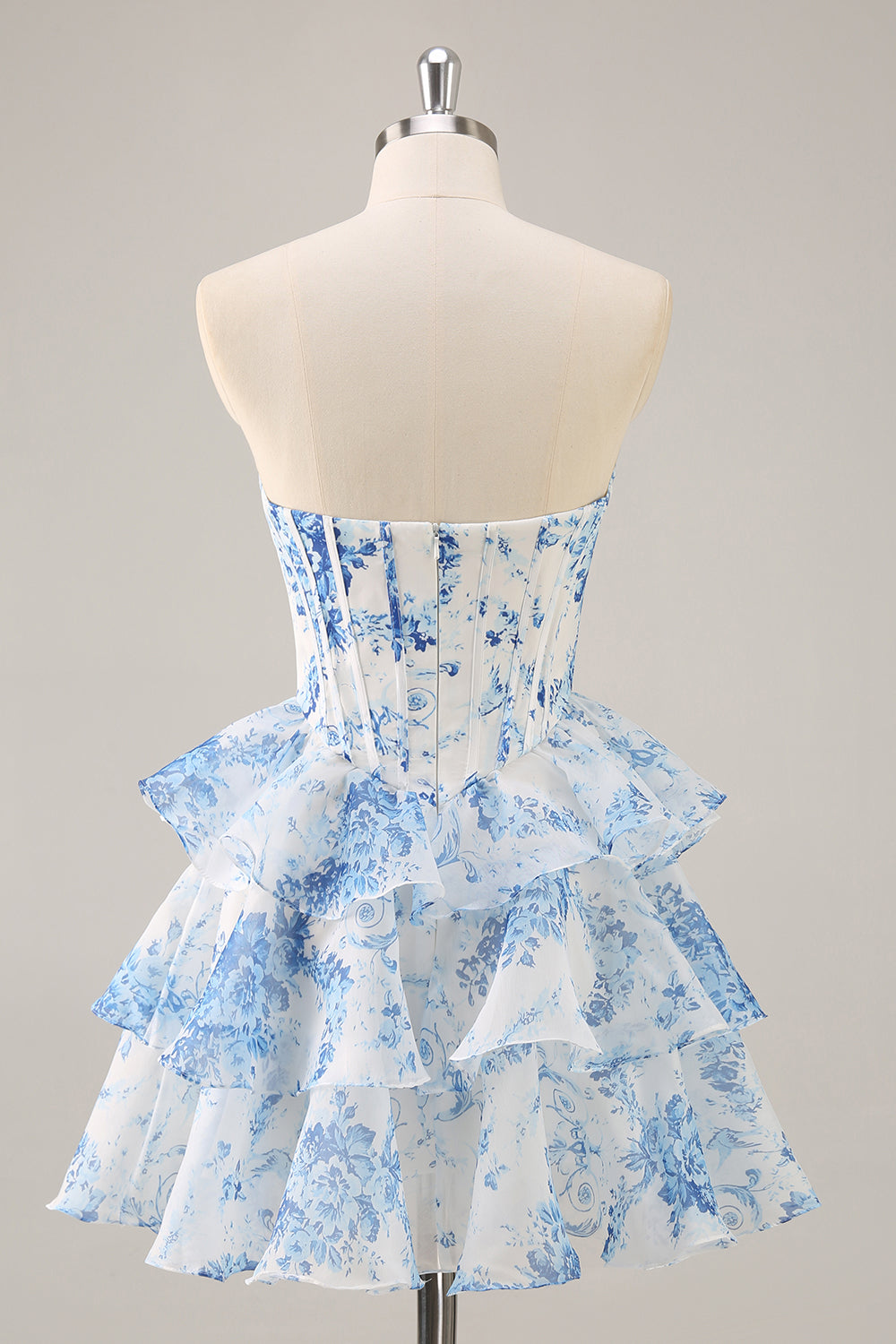 White Blue Flower A-Line Strapless Corset Tiered Short Homecoming Dress