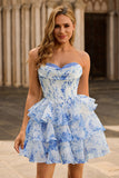 White Blue Flower A-Line Strapless Corset Tiered Short Homecoming Dress