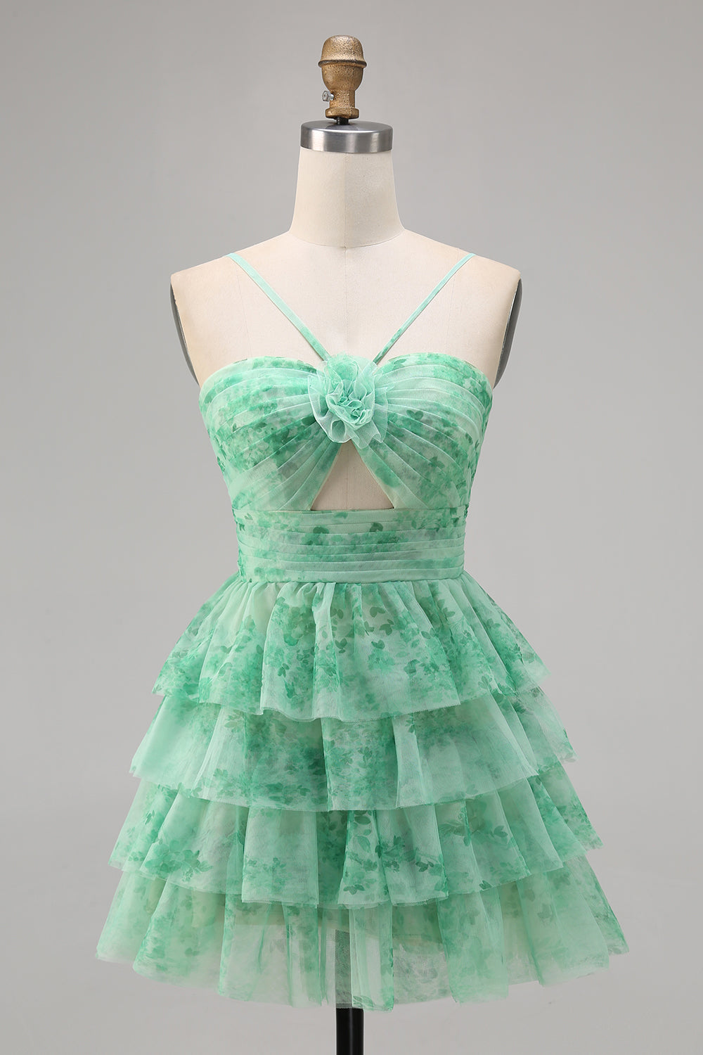 Green Floral Tiered Keyhole A Line Halter Short Cocktail Dress