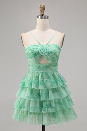 Green Floral Tiered Keyhole A Line Halter Short Cocktail Dress
