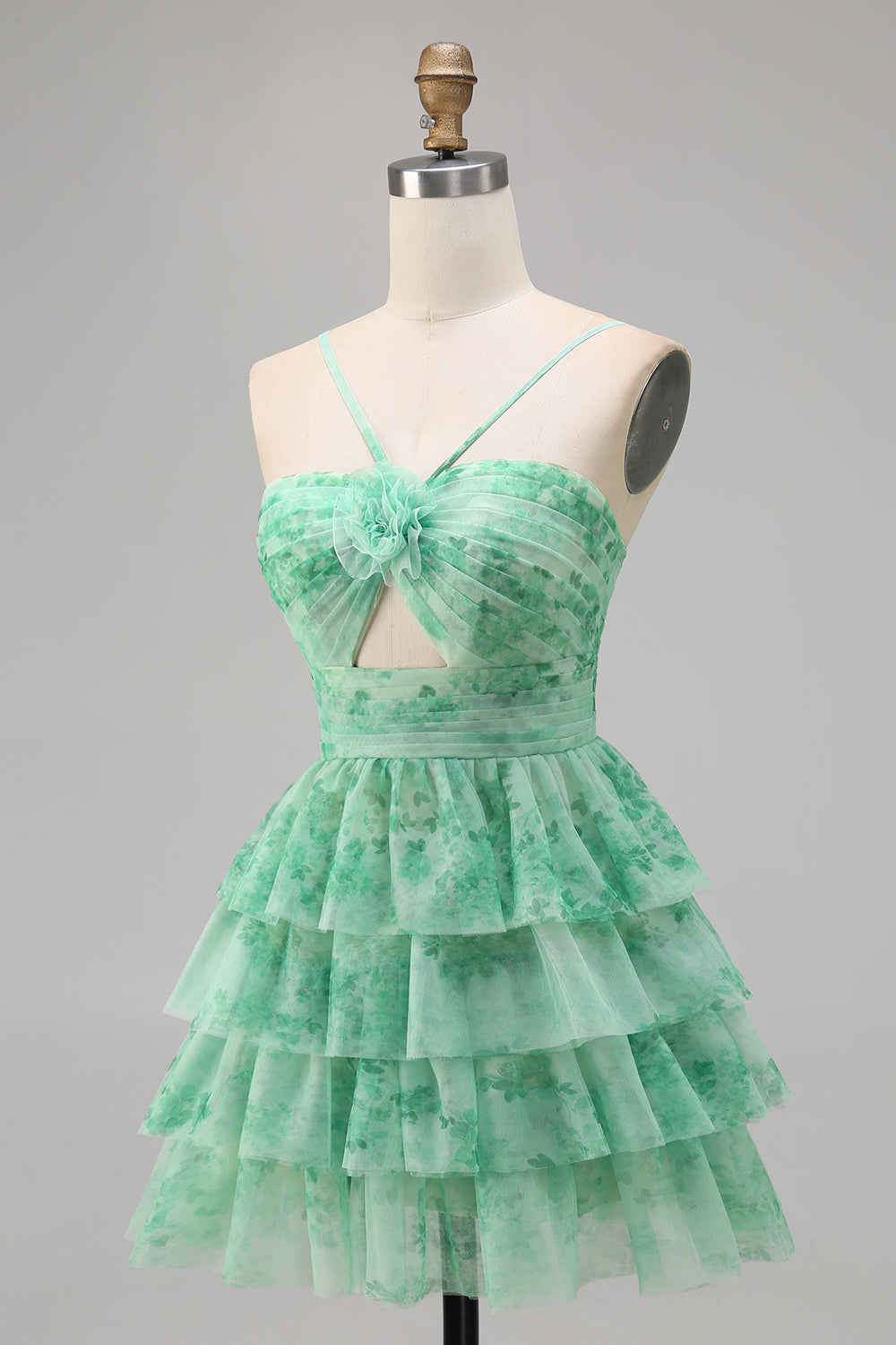 Green Floral Tiered Keyhole A Line Halter Short Cocktail Dress