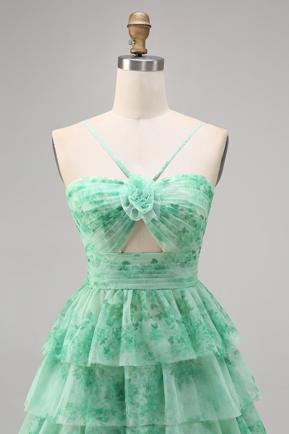 Green Floral Tiered Keyhole A Line Halter Short Cocktail Dress