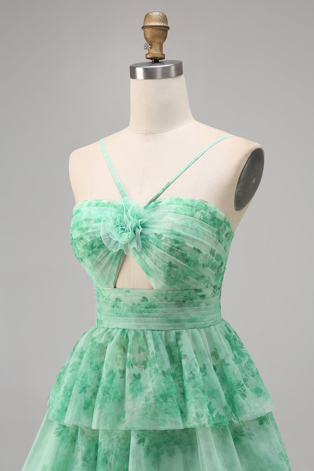 Green Floral Tiered Keyhole A Line Halter Short Cocktail Dress