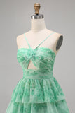 Green Floral Tiered Keyhole A Line Halter Short Cocktail Dress